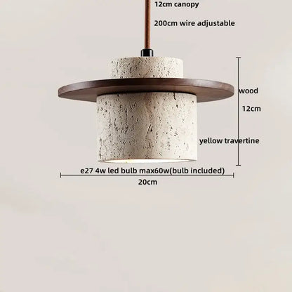 Rustic-style decorbites led pendant light with yellow travertine cylindrical shade and dark wood canopy suspension
