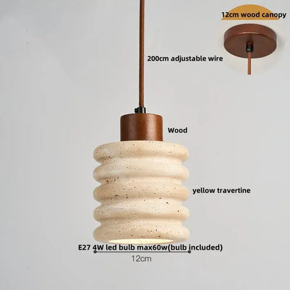 Rustic decorbites led pendant light with stacked ribbed yellow travertine shade and warm brown wooden canopy