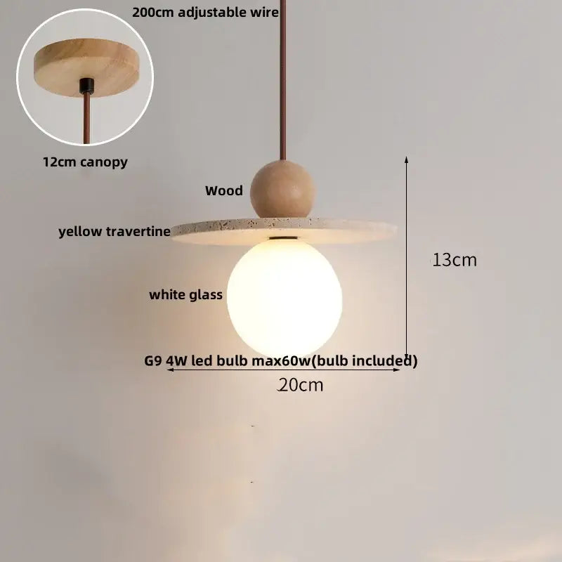 Decorbites led pendant light featuring wooden sphere yellow travertine disc and white glass globe in japanese style