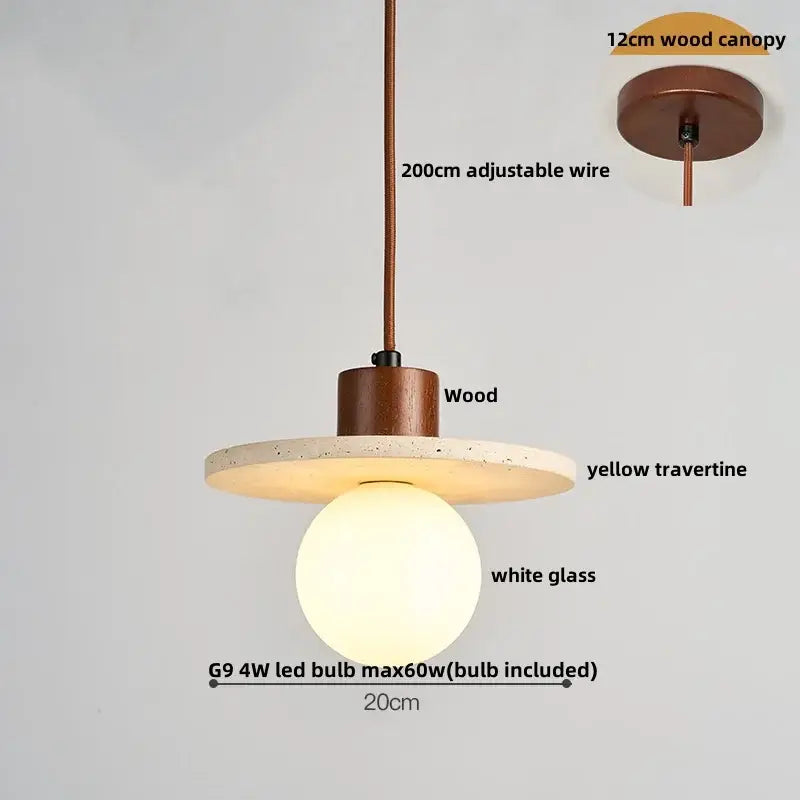 DecorBites led pendant light with yellow travertine circular shade wood canopy and white glass globe bulb