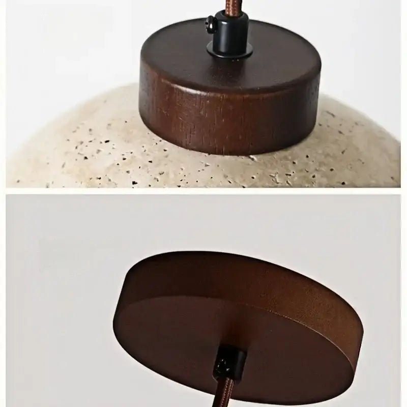 Decorbites led pendant light featuring a rustic concrete pendant light with yellow travertine wood base and metal mount