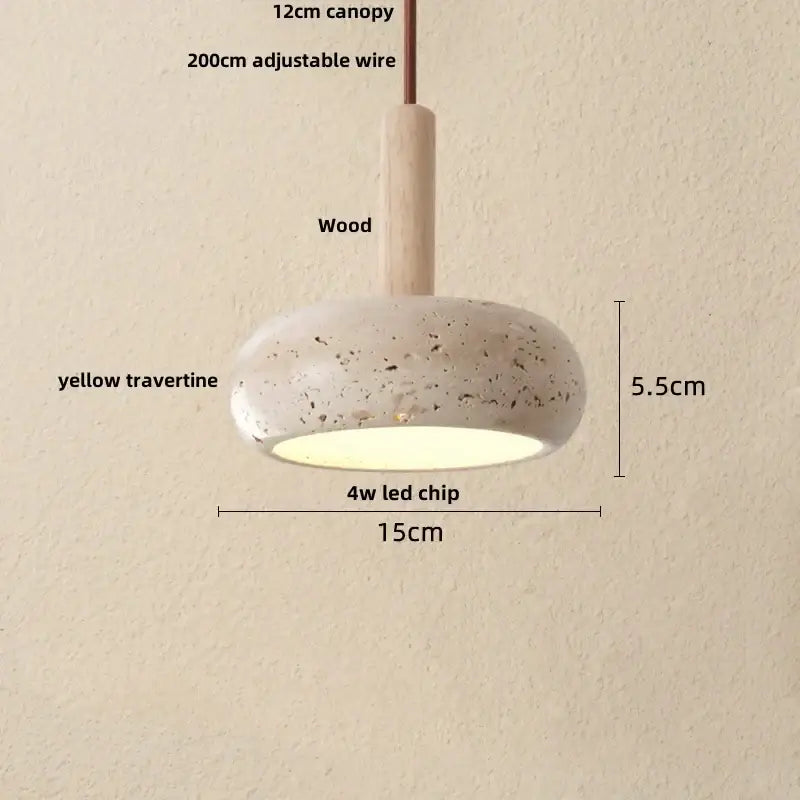 Minimalist decorbites led pendant light with yellow travertine shade, wooden canopy, and adjustable wire suspension