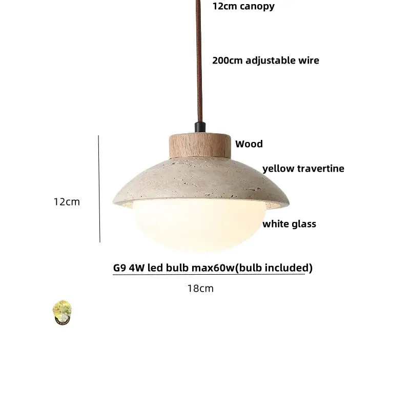 A decorbites led pendant light featuring a yellow travertine shade with wooden canopy and white glass diffuser
