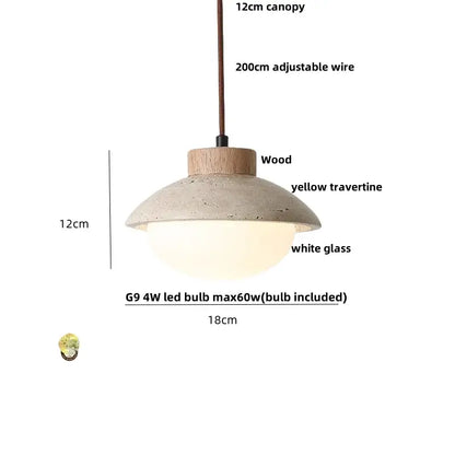 A decorbites led pendant light featuring a yellow travertine shade with wooden canopy and white glass diffuser