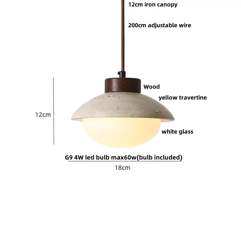 DecorBites led pendant light with yellow travertine wood shade, iron canopy, white glass diffuser, and g9 led bulb