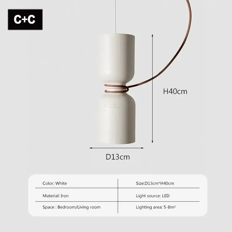 Decorbites led pendant light white cylindrical iron fixture with curved brown cord accent for bedroom and living room