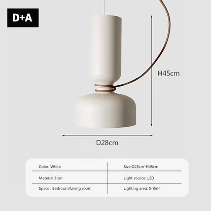 White iron DecorBites LED pendant light with sleek cylindrical design and curved copper wire suspension for modern spaces