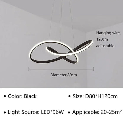 Black infinity-shaped decorbites led pendant light with 96w power for modern living and dining hall decor