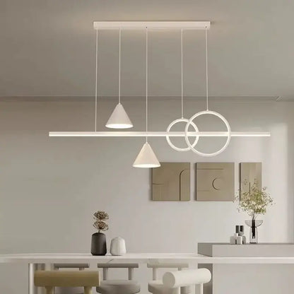 Modern white DecorBites LED pendant light with geometric cone and circular ring design for dining and living rooms