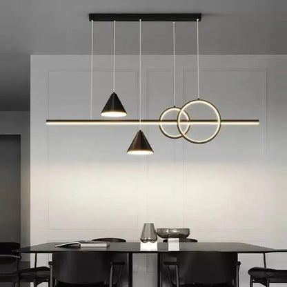 DecorBites led pendant light featuring a modern black and gold geometric design with intersecting circles and cones
