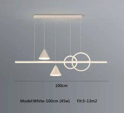 Modern white decorbites led pendant light with geometric design featuring cone lamps and interlocking rings for dining room
