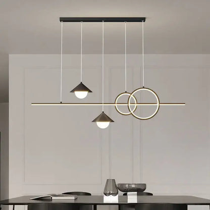 Modern black and gold DecorBites LED pendant light with geometric rings and conical shades for dining room and kitchen