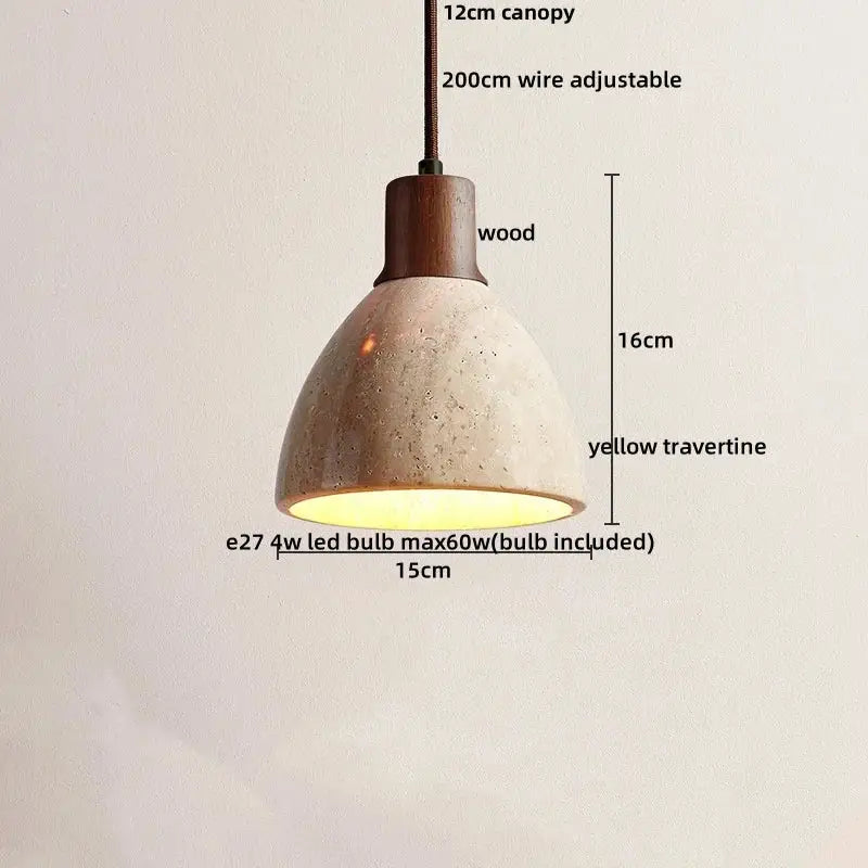 DecorBites™ led pendant light with warm yellow travertine shade, dark wood canopy, and adjustable 200cm wire pendant light