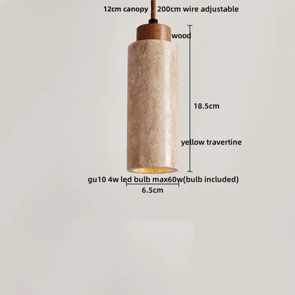 Decorbites led pendant light featuring a cylindrical yellow travertine shade with wooden canopy and adjustable wire