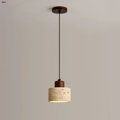 DecorBites led pendant light with textured beige concrete shade and dark brown wood accents in modern Nordic style
