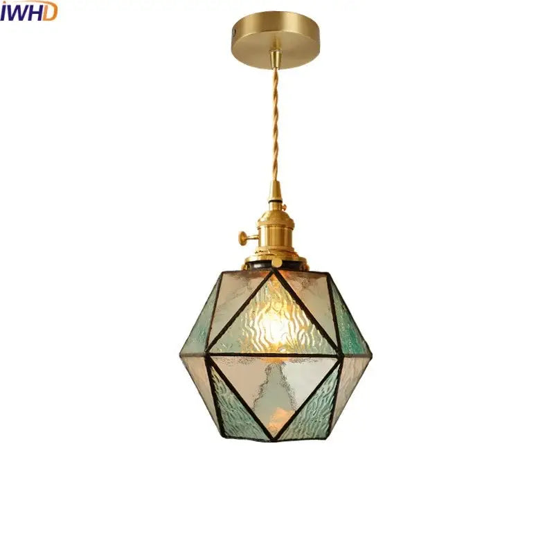 Decorbites led pendant light with brass finish and textured green clear glass shade for bedroom and dining room