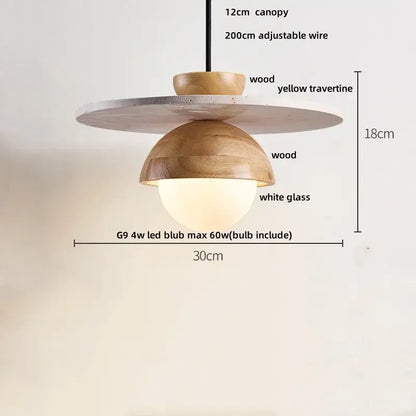 Modern decorbites led pendant light with wooden canopy yellow travertine disc wood dome and white glass diffuser
