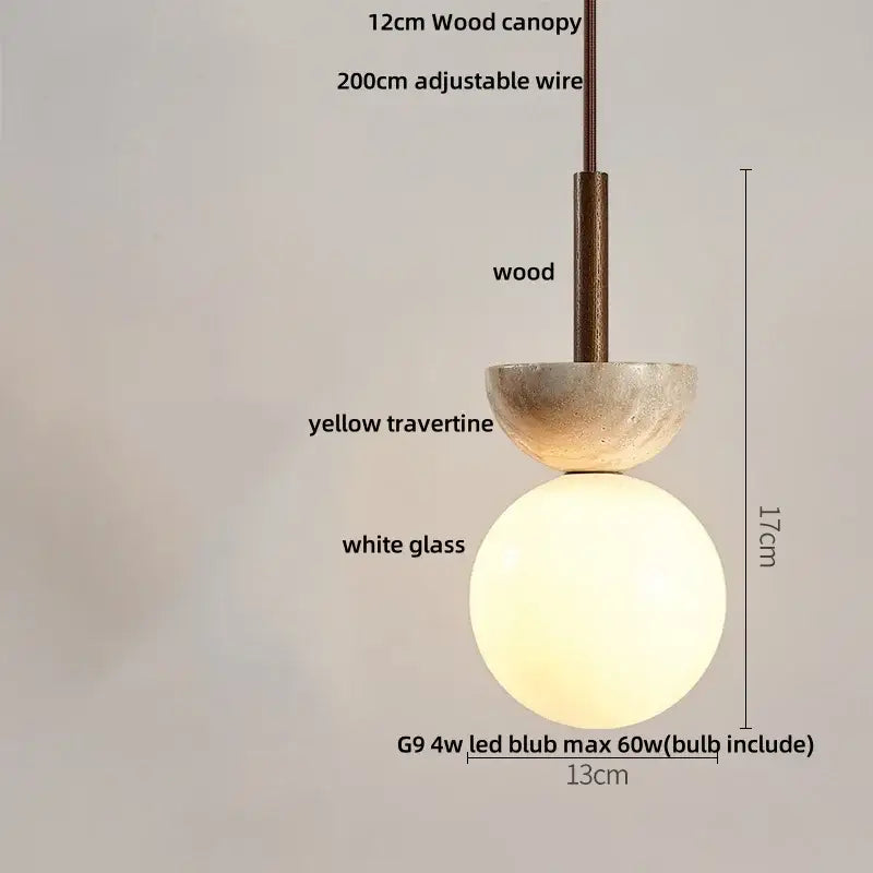 Decorbites led pendant light featuring a 12cm wood canopy yellow travertine accent and white glass globe