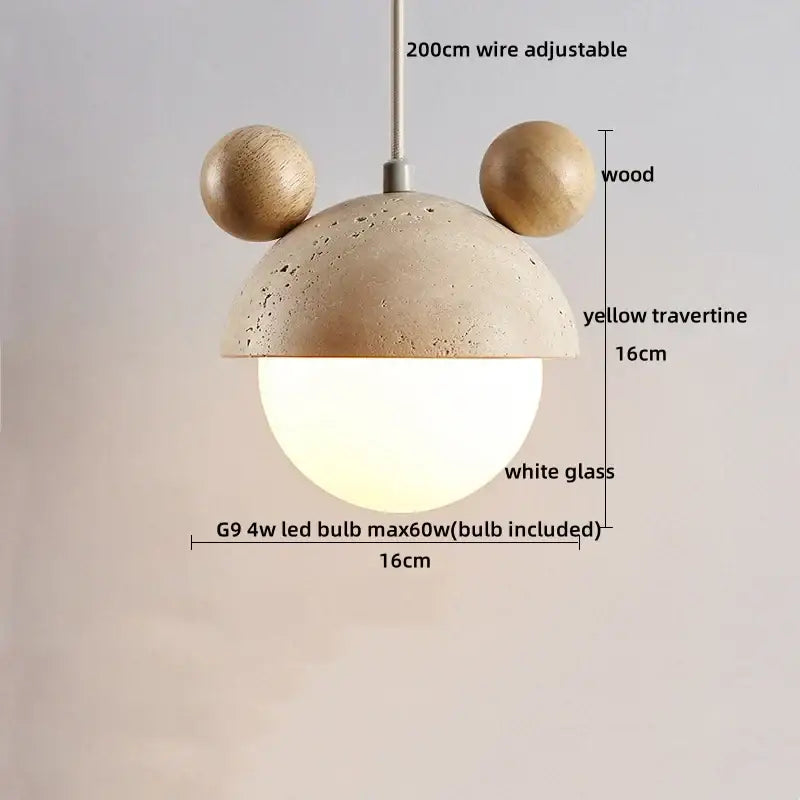 Decorbites led pendant light with yellow travertine dome wood sphere accents and white glass globe in minimalist style