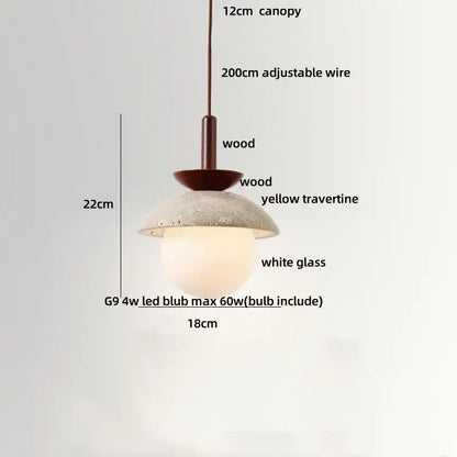 Decorbites led pendant light with yellow travertine shade, white glass, wood base, and 12cm canopy for modern decor