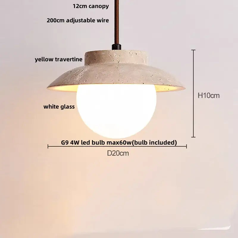 DecorBites led pendant light with textured yellow travertine canopy white glass globe and adjustable wire suspension