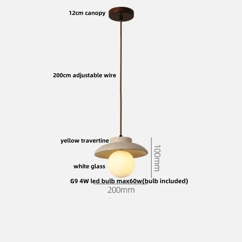 DecorBites led pendant light with yellow travertine shade, white glass globe bulb, dark wood canopy, and bronze wire