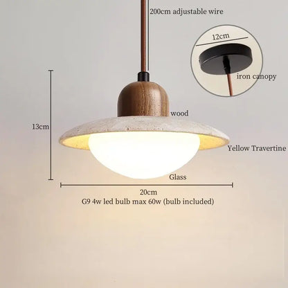 Decorbites led pendant light with yellow travertine shade, warm wood top, glass interior, and iron canopy