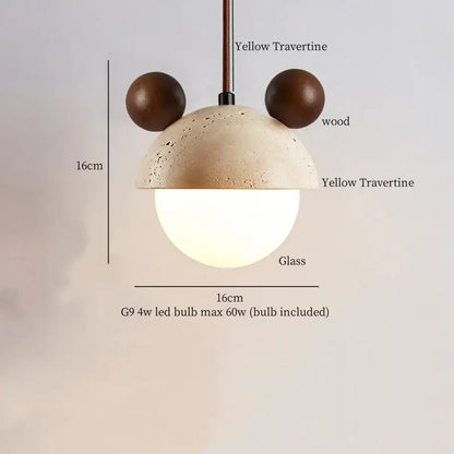 Decorbites led pendant light with beige yellow travertine dome, dark wood ears, and frosted glass globe for modern decor