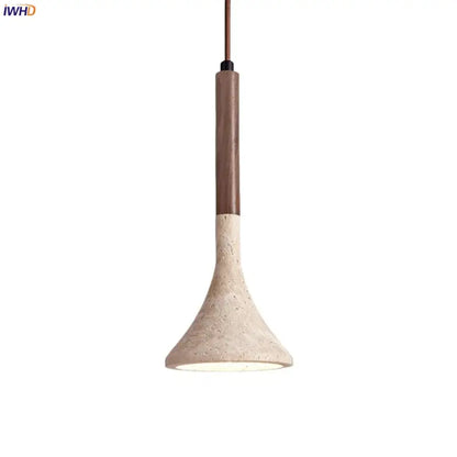 DecorBites led pendant light with yellow travertine textured concrete shade and dark wood stem modern pendant light