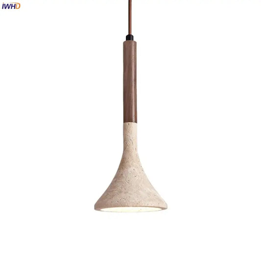 DecorBites led pendant light with yellow travertine textured concrete shade and dark wood stem modern pendant light