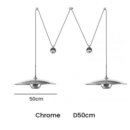 Chrome-finished decorbites led pendant light with sleek articulated arm and disc shade for bedroom and dining room lighting
