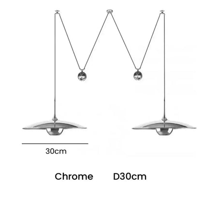 Decorbites led pendant lighting lamp with chrome disc shade and adjustable m-shaped suspension chain for bedroom use