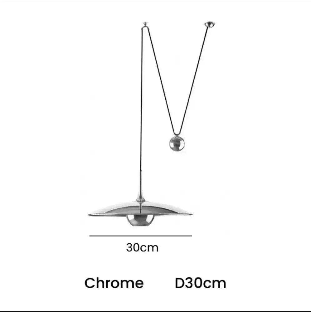 Chrome-finished pendant light with a sleek, disc-shaped shade and a minimalist hanging design.