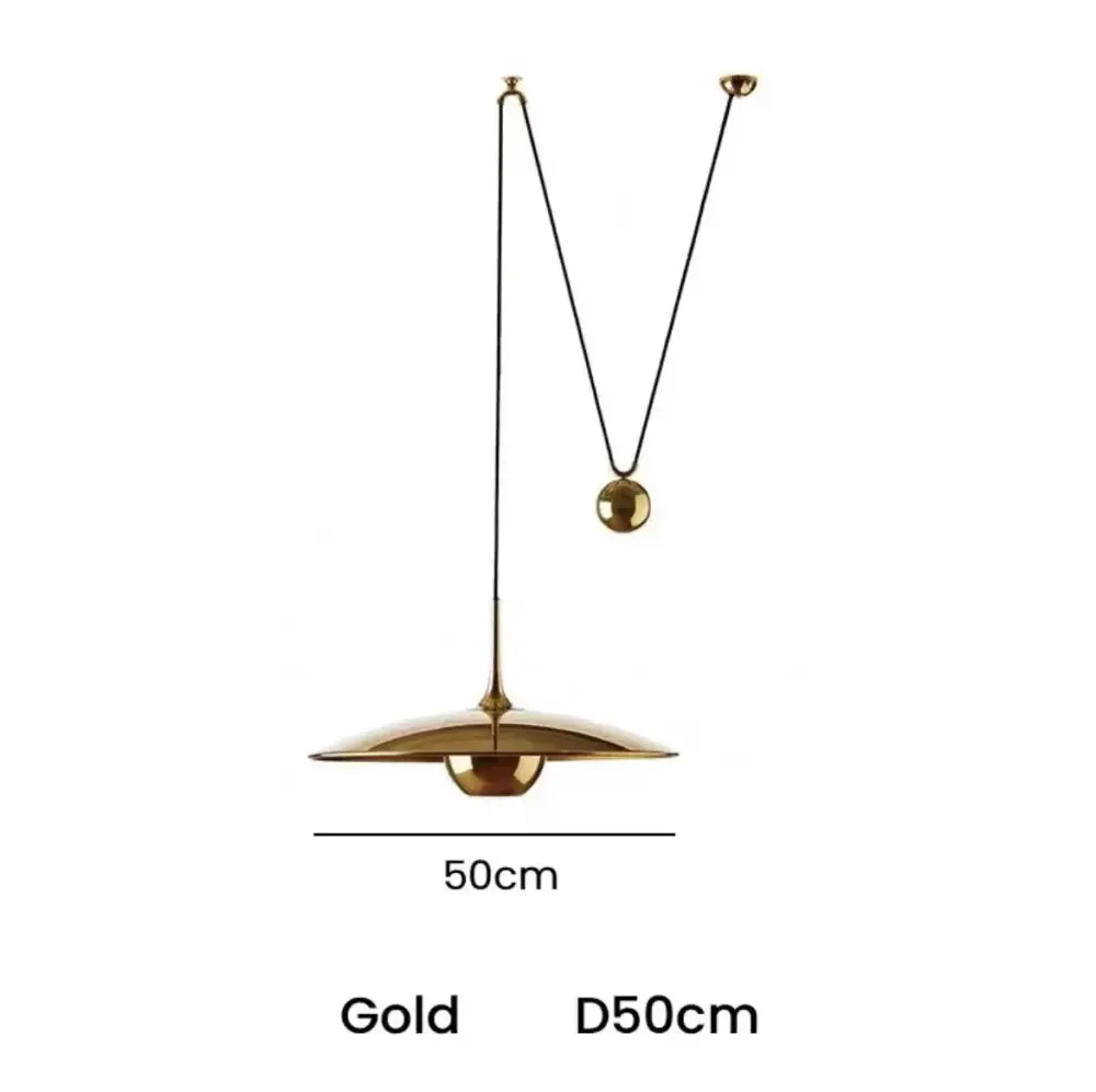 Gold-colored decorbites led pendant lighting lamp with sleek disc-shaped shade and adjustable hanging chains for bedroom use