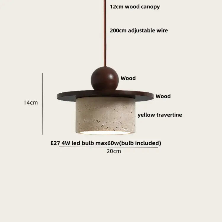 DecorBites led pendant lights with dark wood canopy and yellow travertine body for dining room and restaurant use