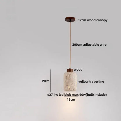 A warm-toned yellow travertine pendant light with rustic wood canopy and adjustable wire by DecorBites LED pendant lights