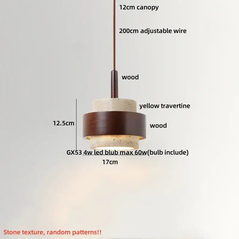 Decorbites led pendant featuring yellow travertine stone and dark wood rings with adjustable wire and 12cm canopy