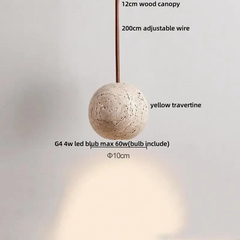 Decorbites led pendant yellow travertine stone spherical pendant light with textured finish and 12cm wood canopy