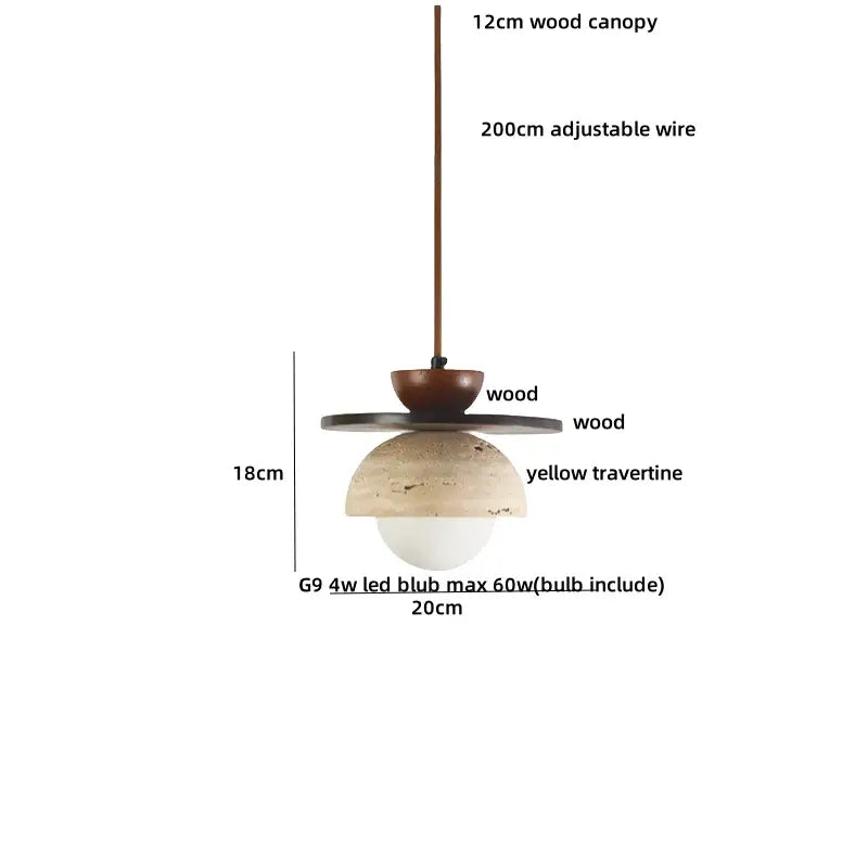 Decorbites led pendant light with yellow travertine shade wood canopy and adjustable wire for pendant lights bar decor