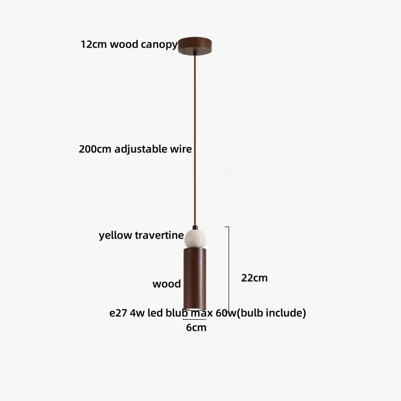 DecorBites led pendant with yellow travertine stone body, dark wood canopy, and adjustable wire for pendant lights bar decor