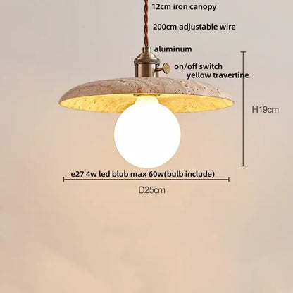 Decorbites led pendant featuring a yellow travertine stone shade with aluminum and brass accents for bar decor lighting