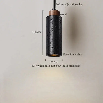 Black travertine pendant light with wooden top and adjustable wire by DecorBites LED for bedroom dining room use