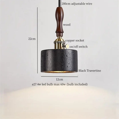 Decorbites led pendant black travertine pendant light with wooden handle and brass accents for bedroom and dining room
