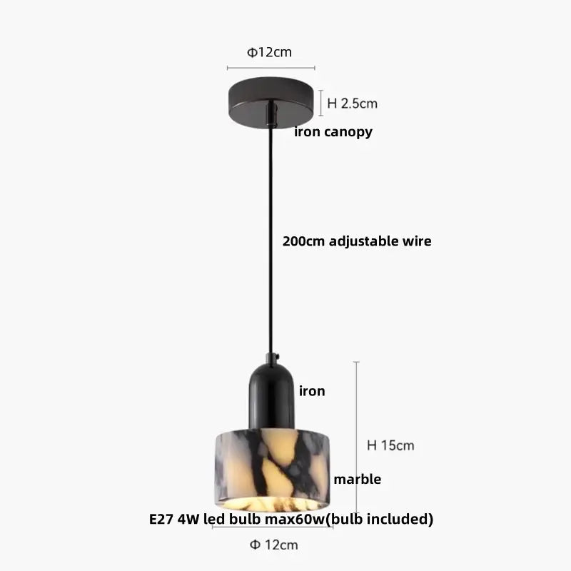 Black iron decorbites led pendant light with marble shade featuring swirling golden and dark patterns for elegant lighting