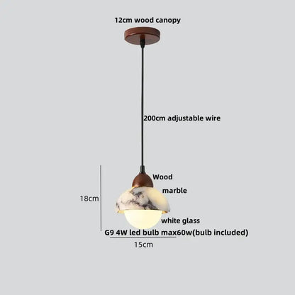 A warm-toned decorbites led pendant light with a 12cm wooden canopy and adjustable wire featuring a wood marble shade