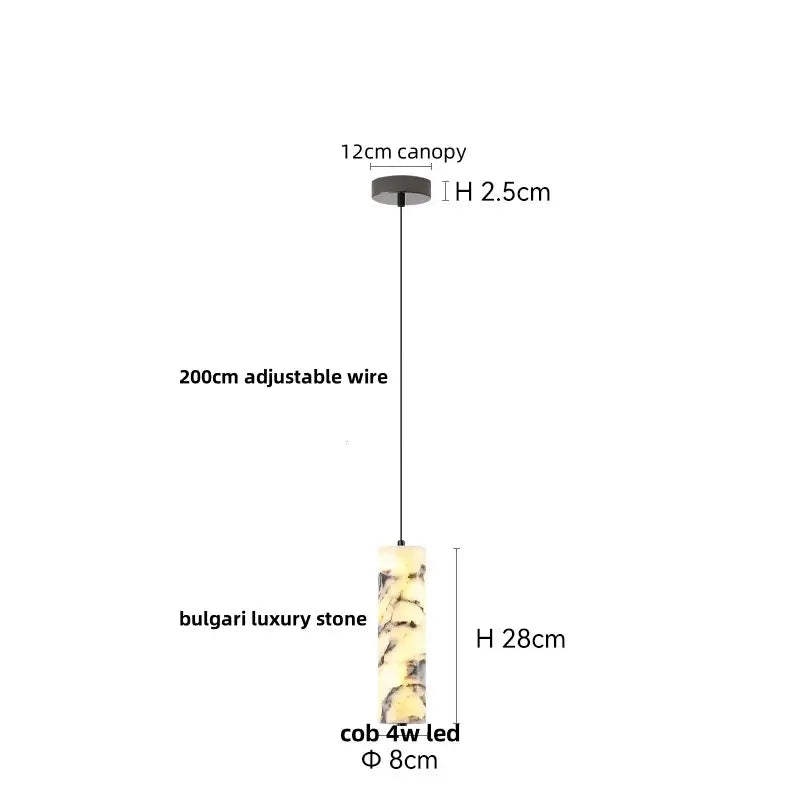 Cylindrical decorbites led pendant with textured veined white beige bulgari stone shade and adjustable black steel wire