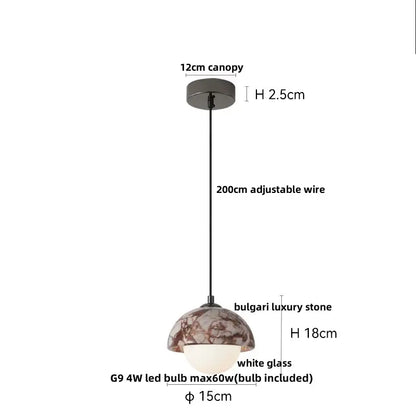 Modern decorbites led pendant light with adjustable wire, matte black canopy, and burgundy marble bulgari stone shade