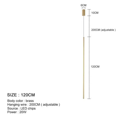 A sleek brass decorbites led pendant light with cylindrical head and adjustable hanging wire for dining room decor