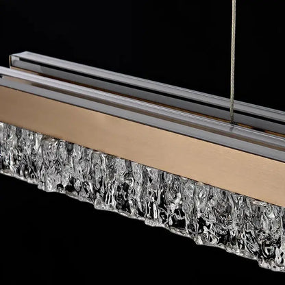 Modern rectangular DecorBites LED pendant lights with textured glass waterfall base and brushed brass chrome frames