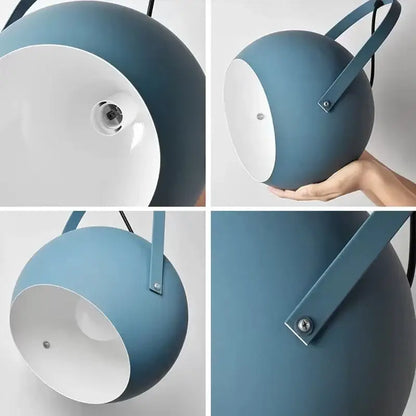 Blue spherical DecorBites™ LED pendant light with white interior and metal handle ideal for dining and home decor lighting